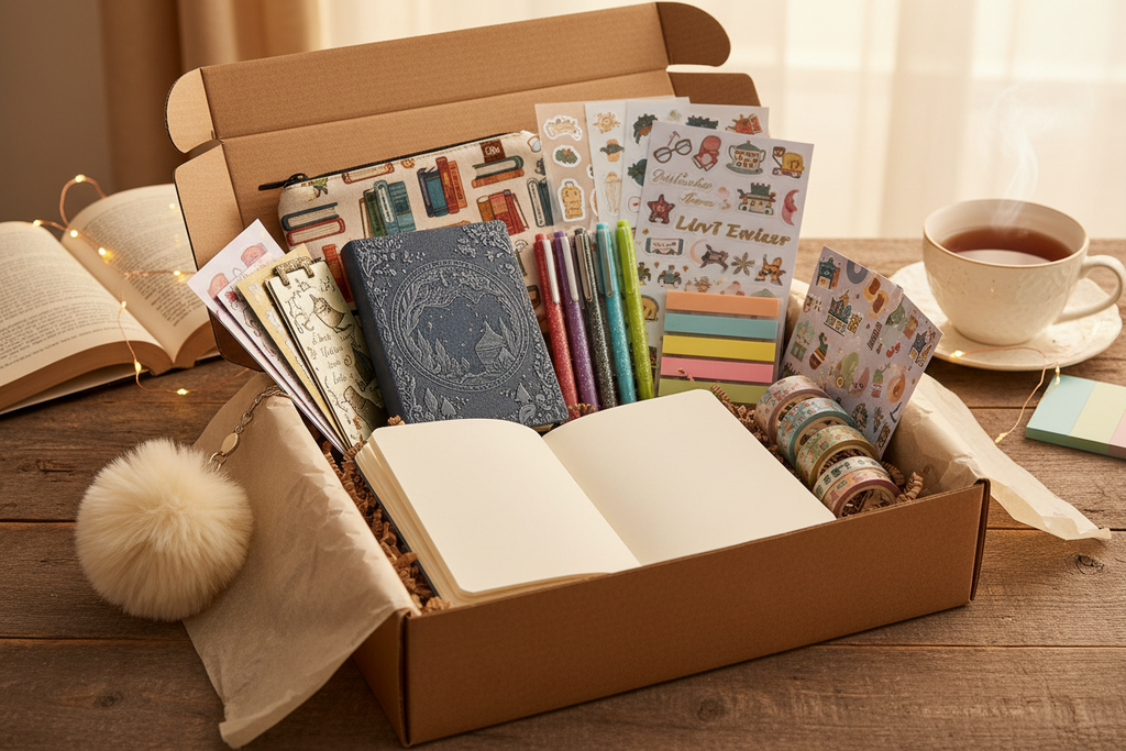 Bookish gift box lifestyle photo with tea and fairy lights