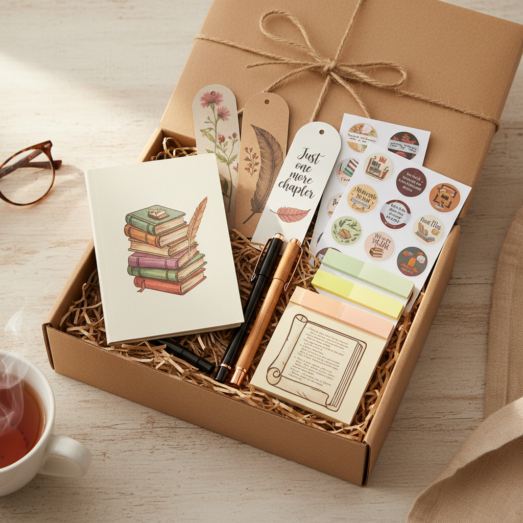 Starter Bookish Box with 15 bookish stationery items in a kraft gift box