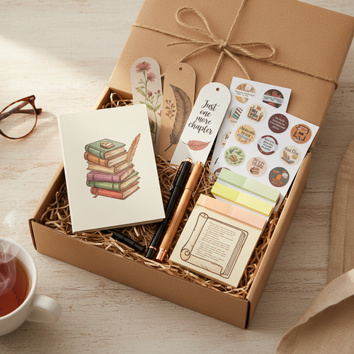 Starter Bookish Box with 15 bookish stationery items in a kraft gift box